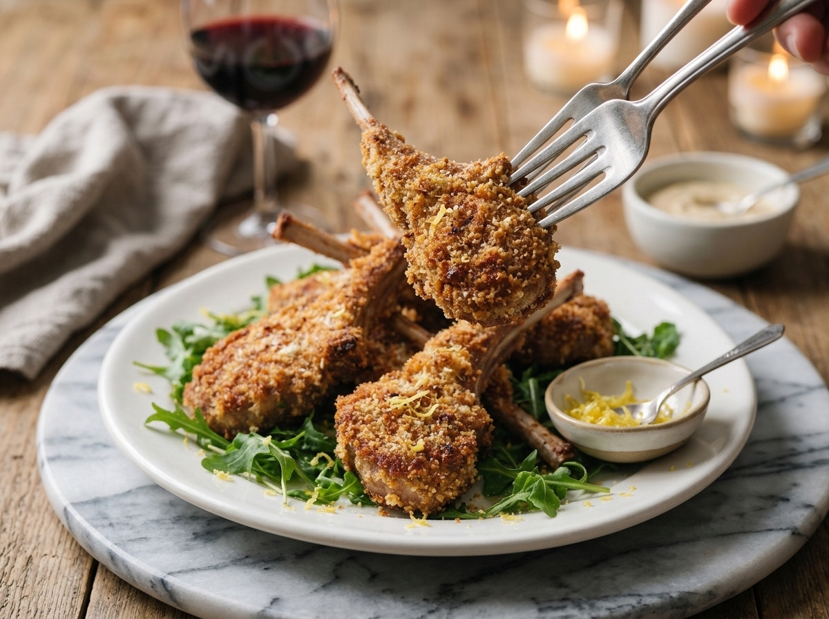 Rustic table setting with a plate of breaded lamb chops, a glass of red wine, and a linen napkin under candlelight