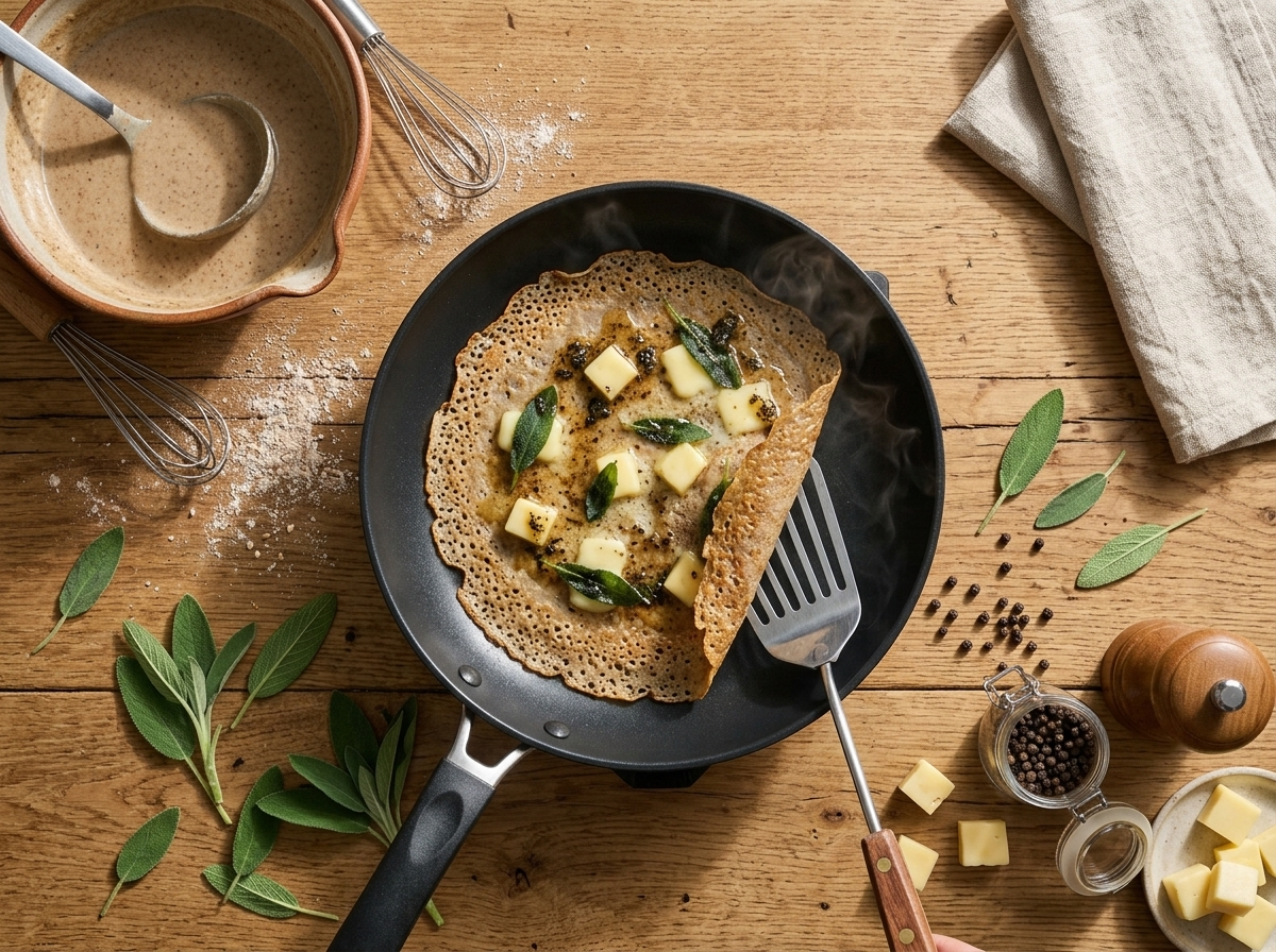 Lacy buckwheat crepe being lifted with a spatula from a hot nonstick skillet with batter bowl nearby