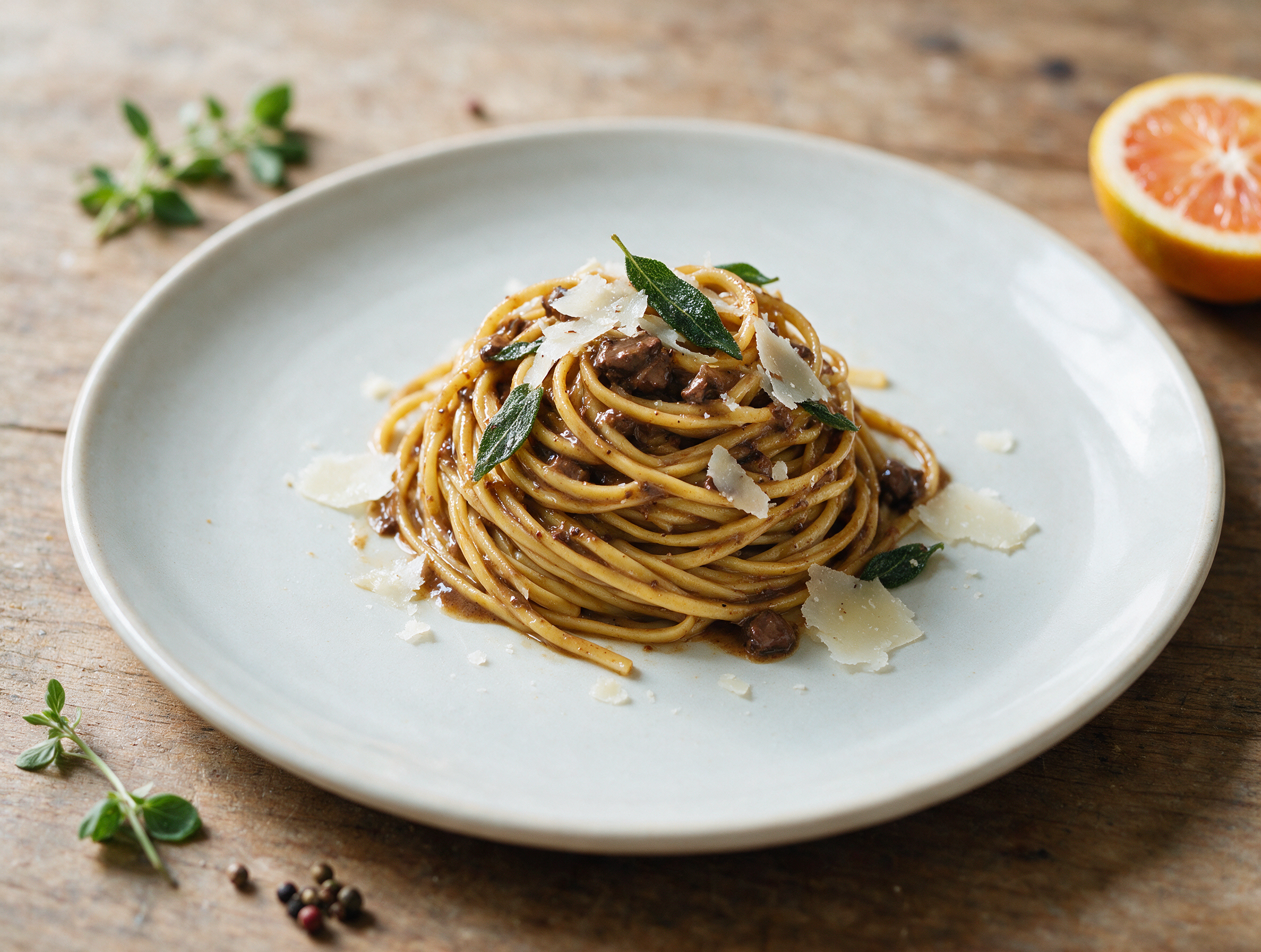 Overhead shot of tagliolini ai fegatini twirled on a white plate with glossy liver sauce and shaved parmesan