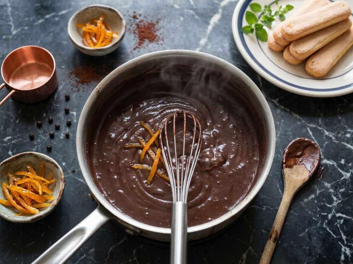 Whisk stirring glossy dark chocolate custard as it thickens in a saucepan on the stovetop, steam visible