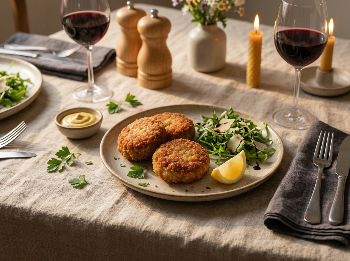 A plate of mondeghili milanesi next to arugula salad on a linen-covered table with a glass of wine.
