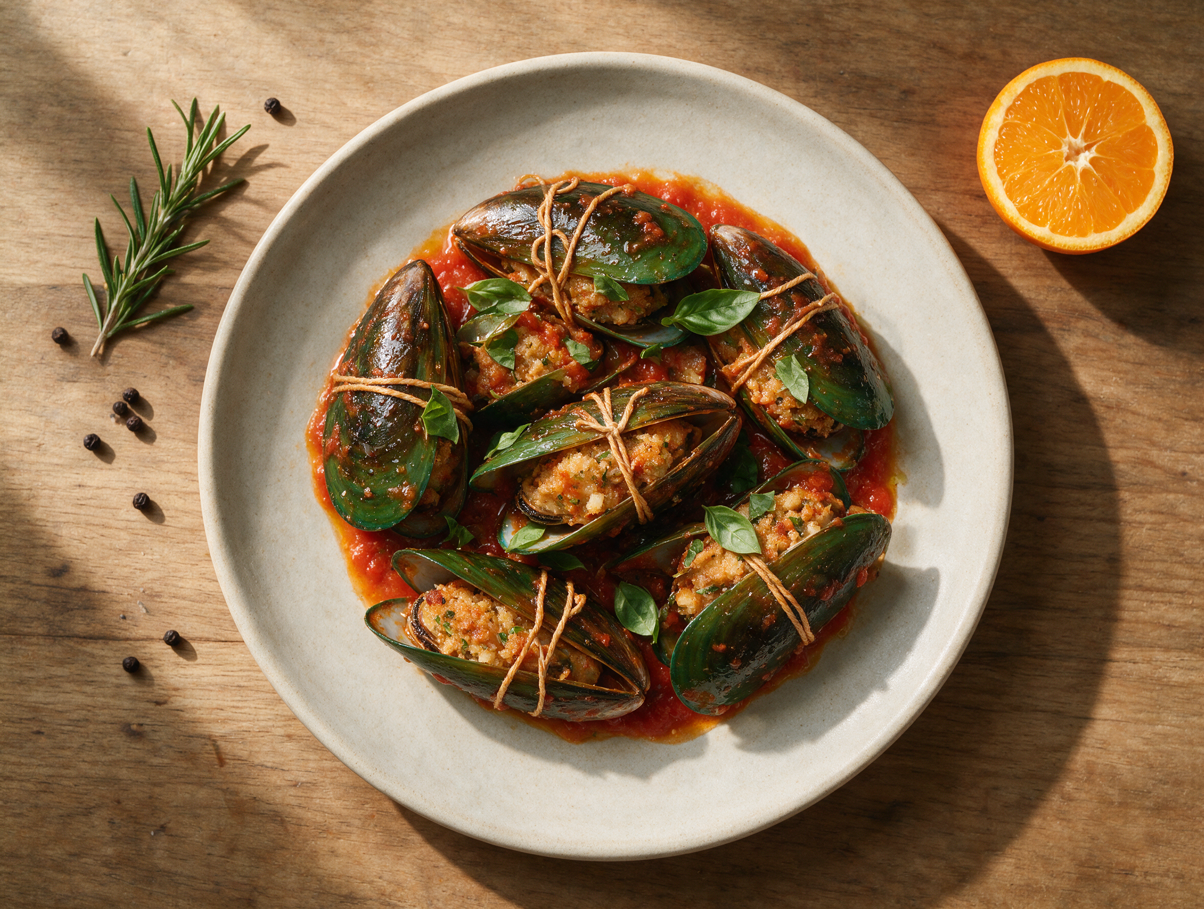 Overhead view of stuffed mussels glistening in a shallow pan of red tomato sauce, torn basil on top, bread on the side.