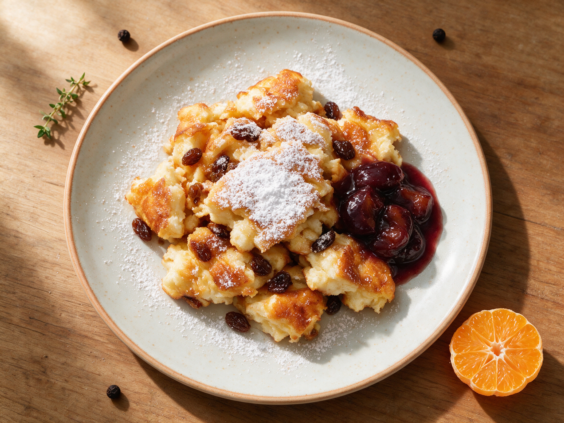 Torn Kaiserschmarrn piled on a plate with powdered sugar, rum raisins, and a spoonful of glossy stewed plums on the side