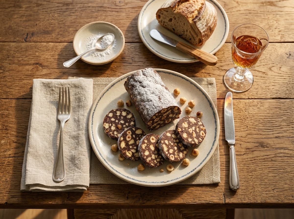 A plate of chocolate salami slices next to a small glass of Vin Santo and a linen napkin on a rustic table.