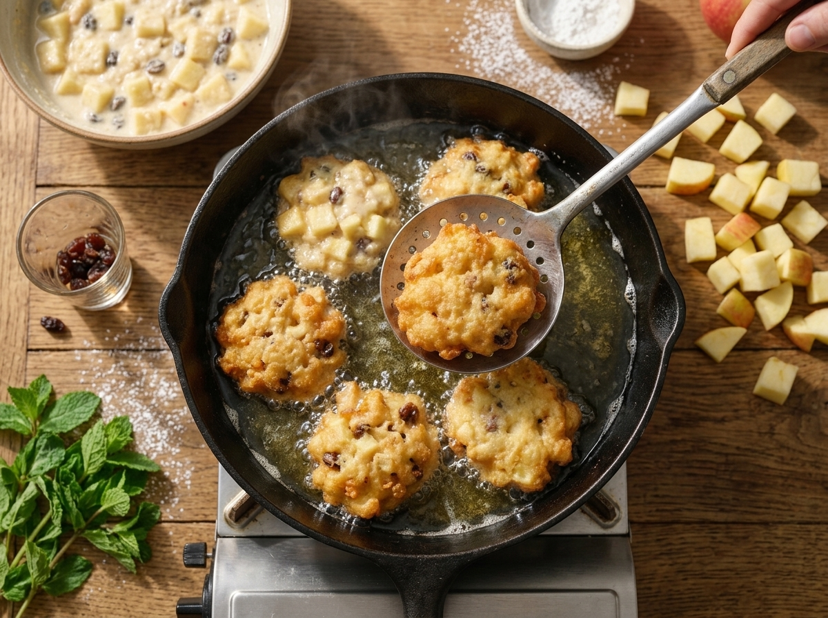 Fritters frying in bubbling oil in a cast-iron skillet, edges turning deep golden as a slotted spoon lifts one out