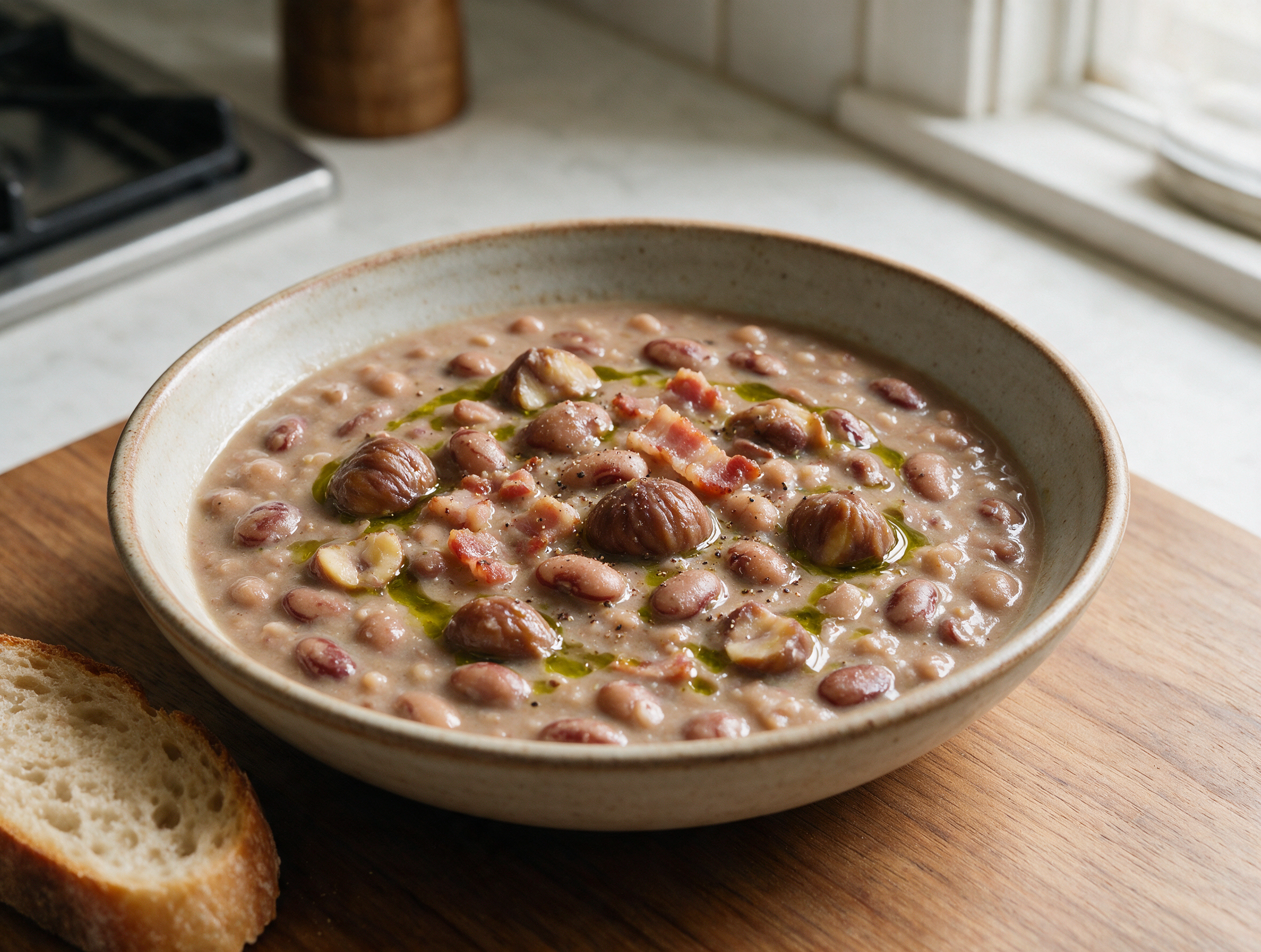 Bowl of chestnut and borlotti bean minestra with visible chestnut pieces, olive oil drizzle, and cracked pepper on a wooden table