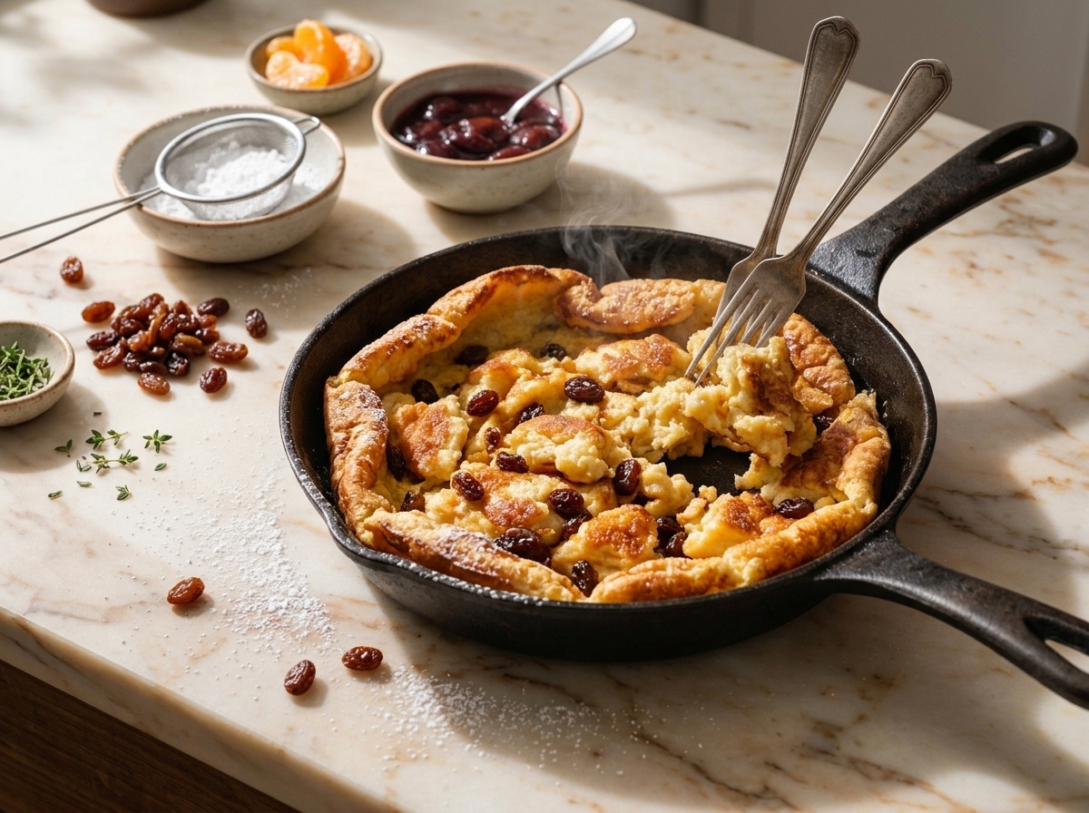 Cook tearing a golden puffed egg pancake apart with two forks inside a cast-iron skillet, steam rising above the raisins
