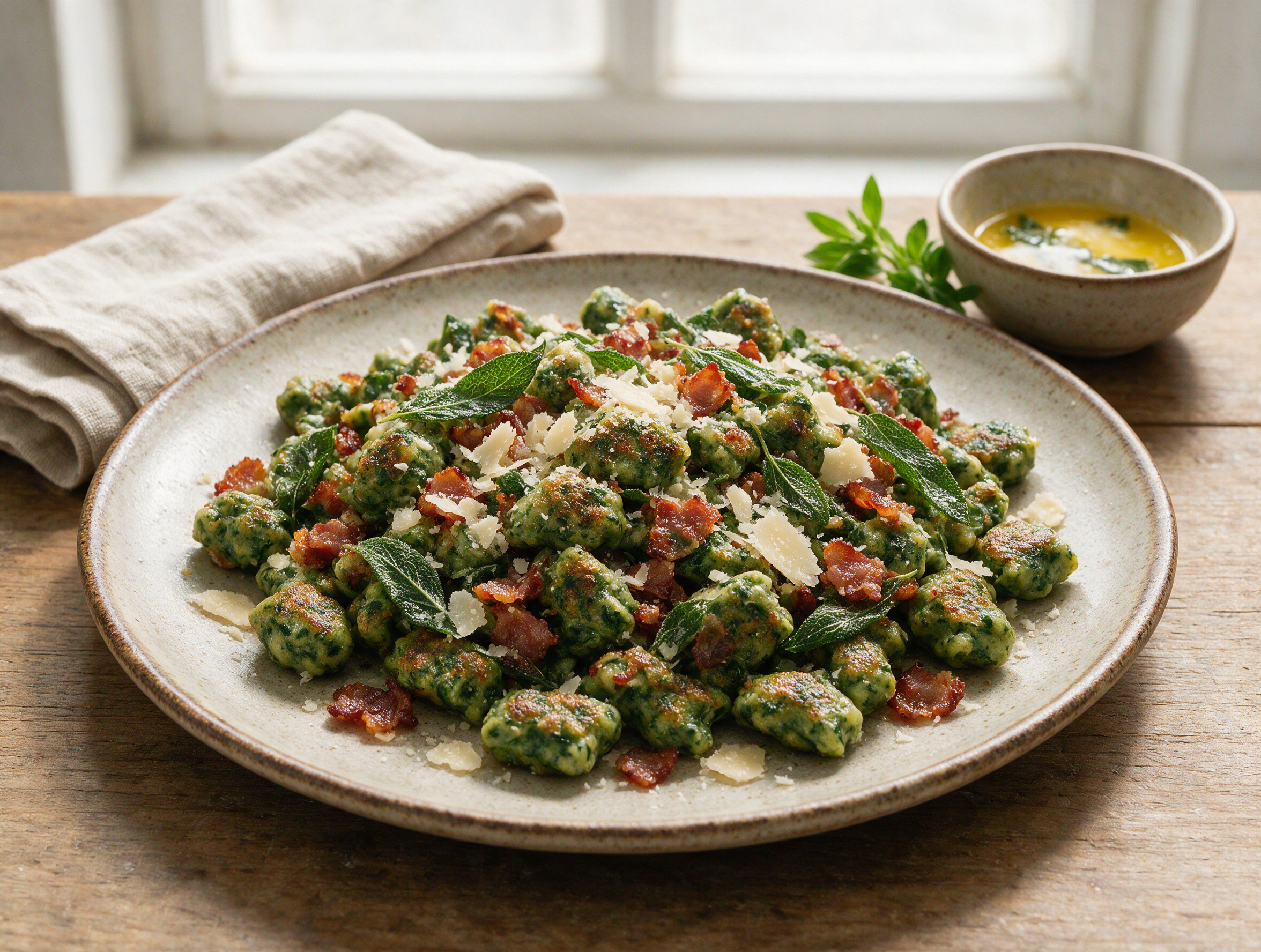 Golden pan-fried spinach spätzle piled on a rustic plate with crisp speck bits and shaved Grana Padano on top
