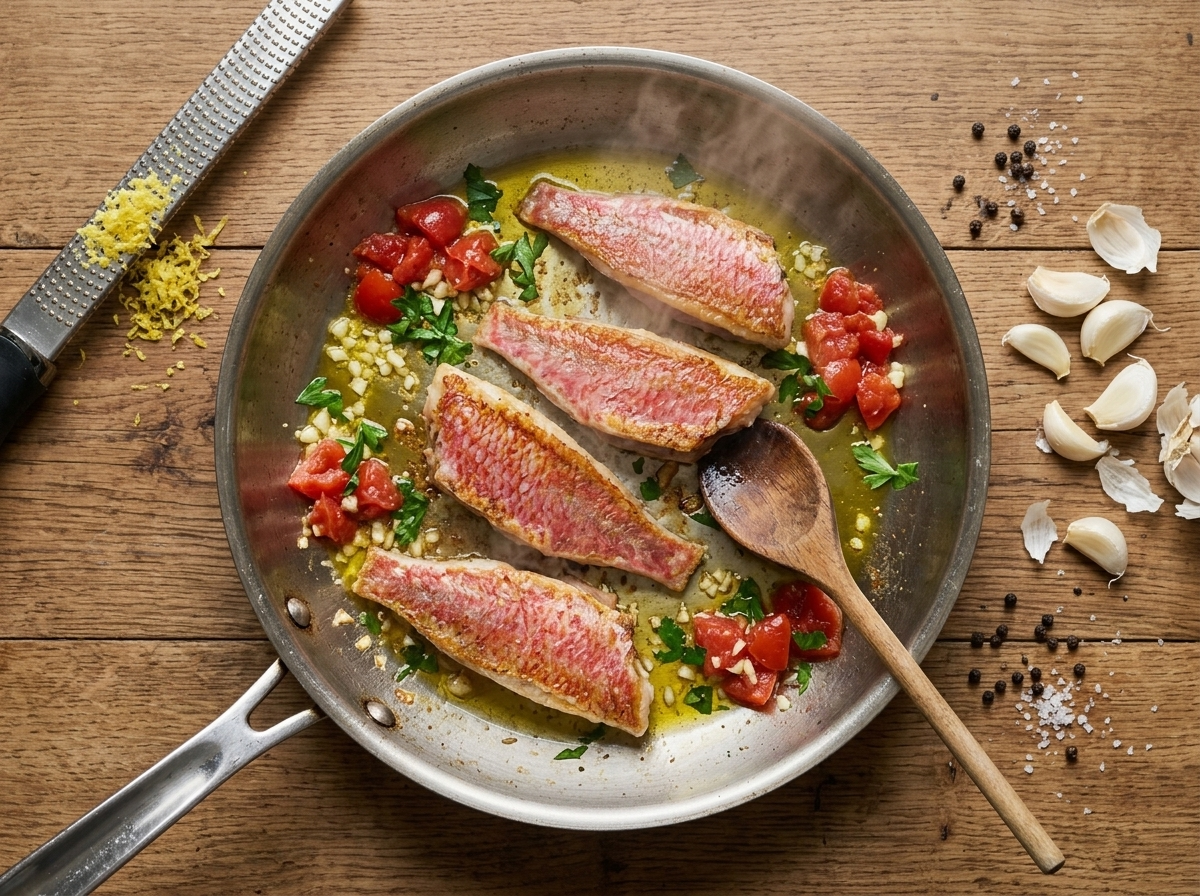 Red mullet fillets searing skin-side down in olive oil in a stainless skillet, edges turning golden brown