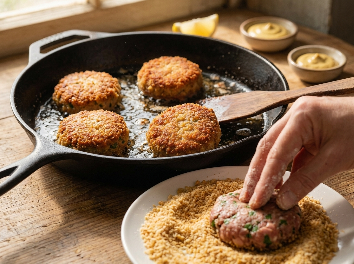 Hand pressing a flattened beef and mortadella patty into breadcrumbs before it goes into the hot skillet.