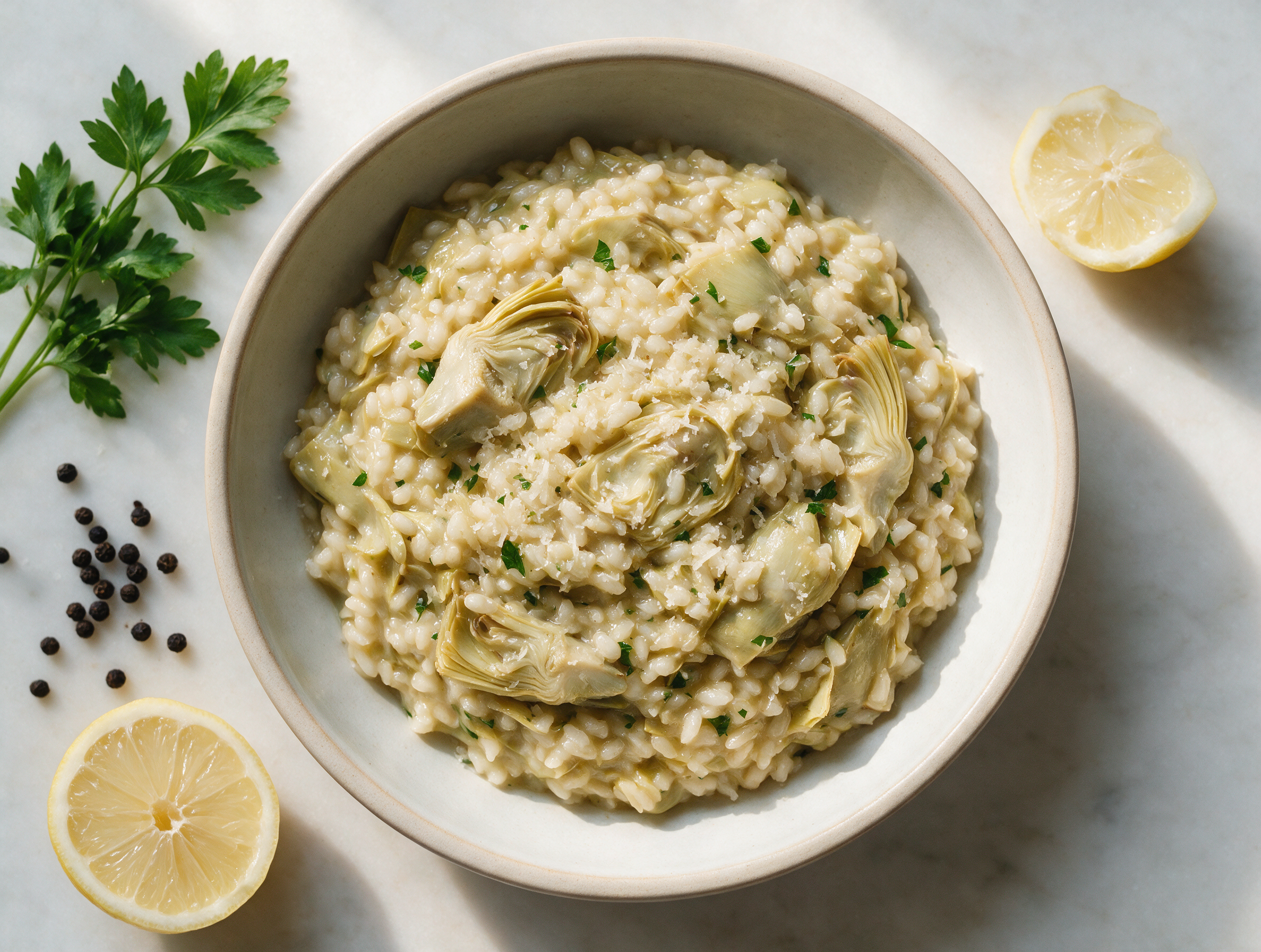 Bowl of risotto ai carciofi with sliced artichokes, parmesan shavings, and parsley on a pale marble countertop