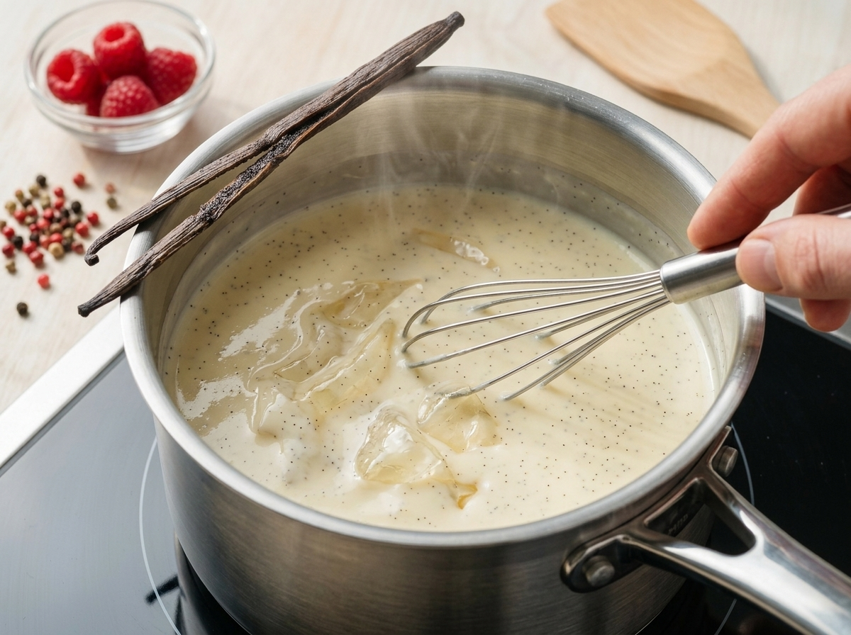 Whisking bloomed gelatin into warm vanilla cream in a saucepan on the stove with steam rising off the surface
