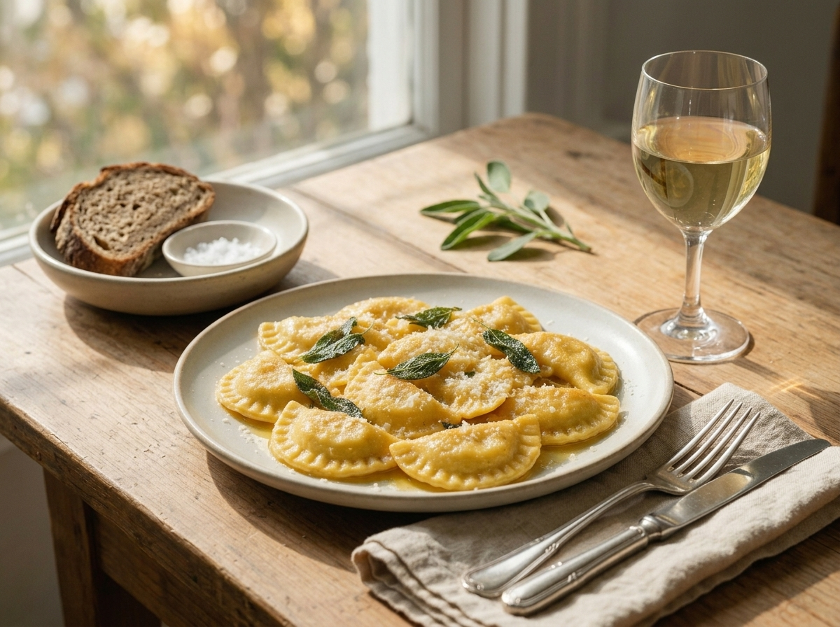 Rustic table set with a bowl of schlutzkrapfen, a glass of white wine, and a linen napkin in warm light