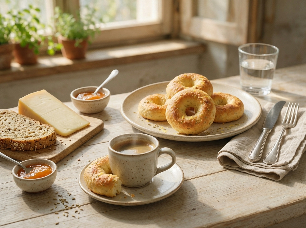 A split Brazzadelle Valtellinesi ring beside a coffee cup and jam dish on a linen-topped breakfast table.