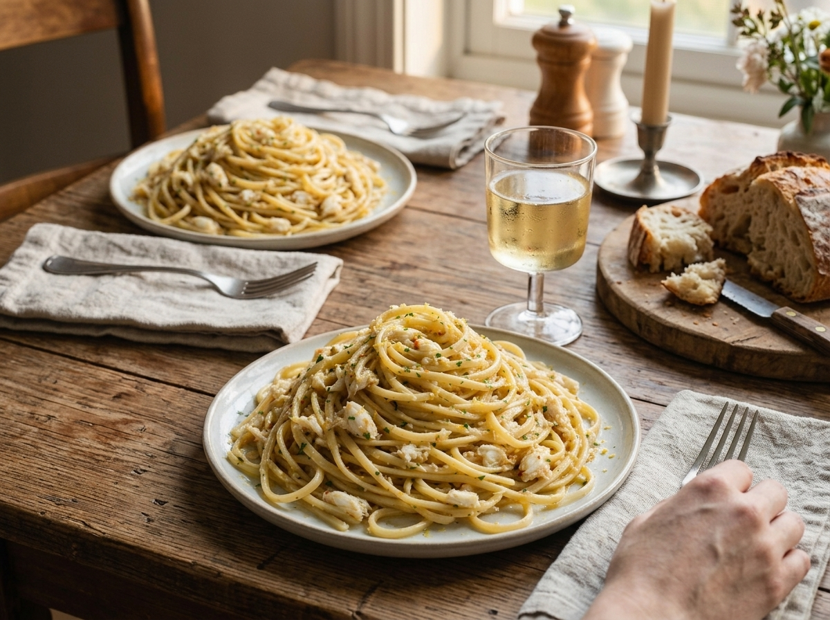 Two plates of crab linguine on a wooden table beside a glass of white wine and torn crusty bread