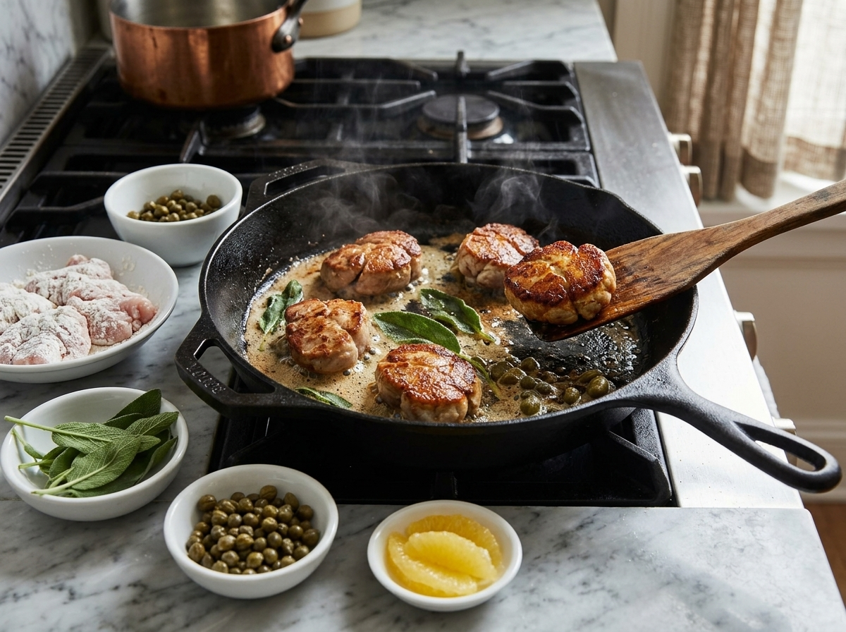 Veal sweetbread medallions searing in a cast iron skillet with foaming butter and sage leaves turning golden at the edges.