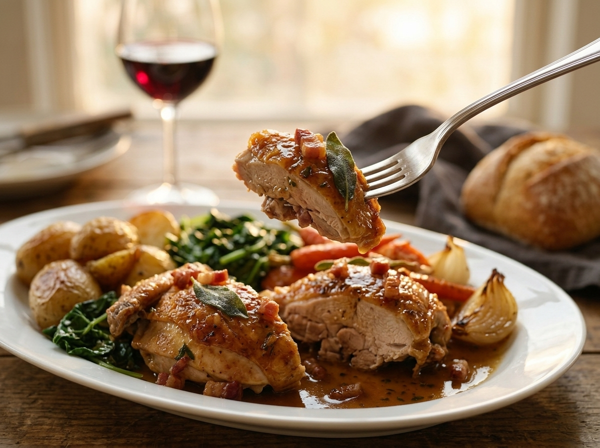 A carved plate of faraona arrosto with roasted potatoes and a glass of red wine on a linen-covered table