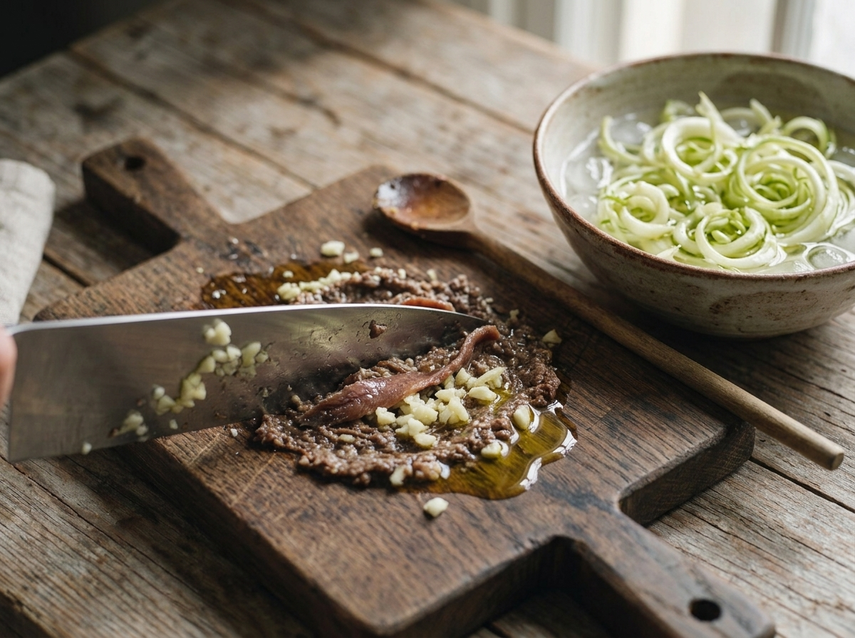 Hands slicing pale puntarelle shoots into thin strips on a wooden board next to a bowl of ice water.