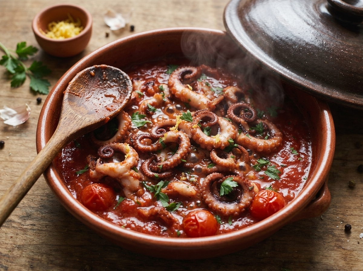 Baby octopus and cherry tomatoes simmering in a covered skillet, steam rising, wooden spoon resting on the rim.