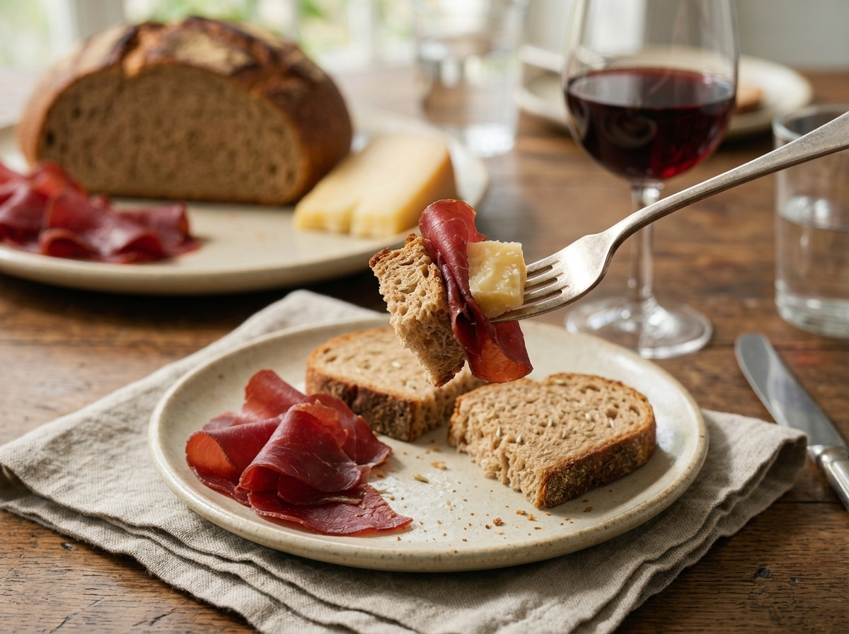 Sliced Valtellina rye bread on a linen napkin beside bresaola, a cheese wedge, and a glass of red wine at the table.