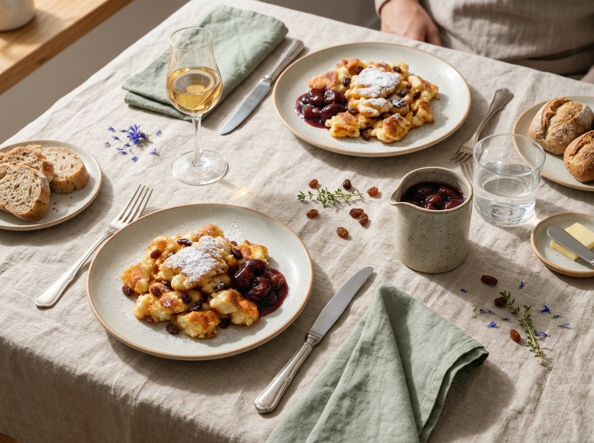 Two plates of caramelized Kaiserschmarrn on a linen tablecloth with coffee cups and a small jug of stewed plums
