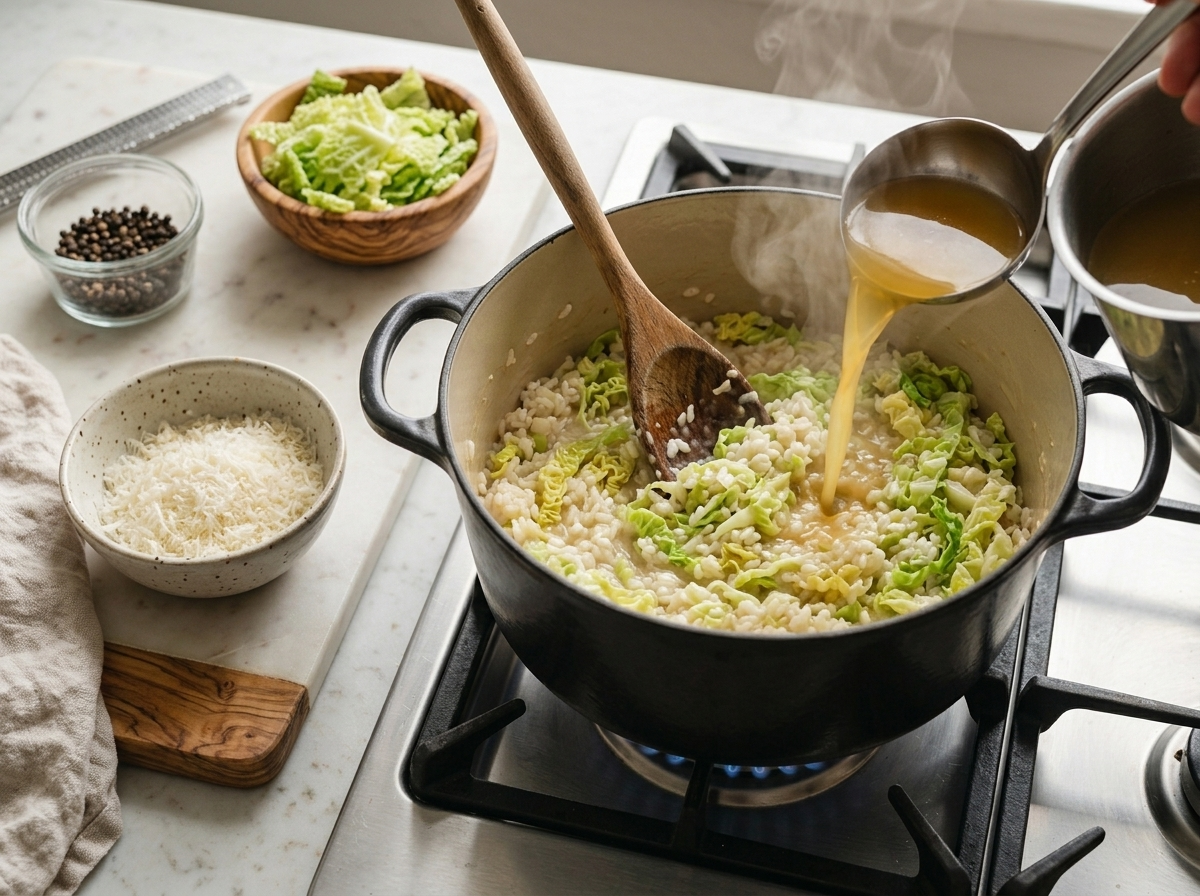 Wooden spoon stirring arborio rice and wilted savoy cabbage in a heavy pot while warm stock is ladled in