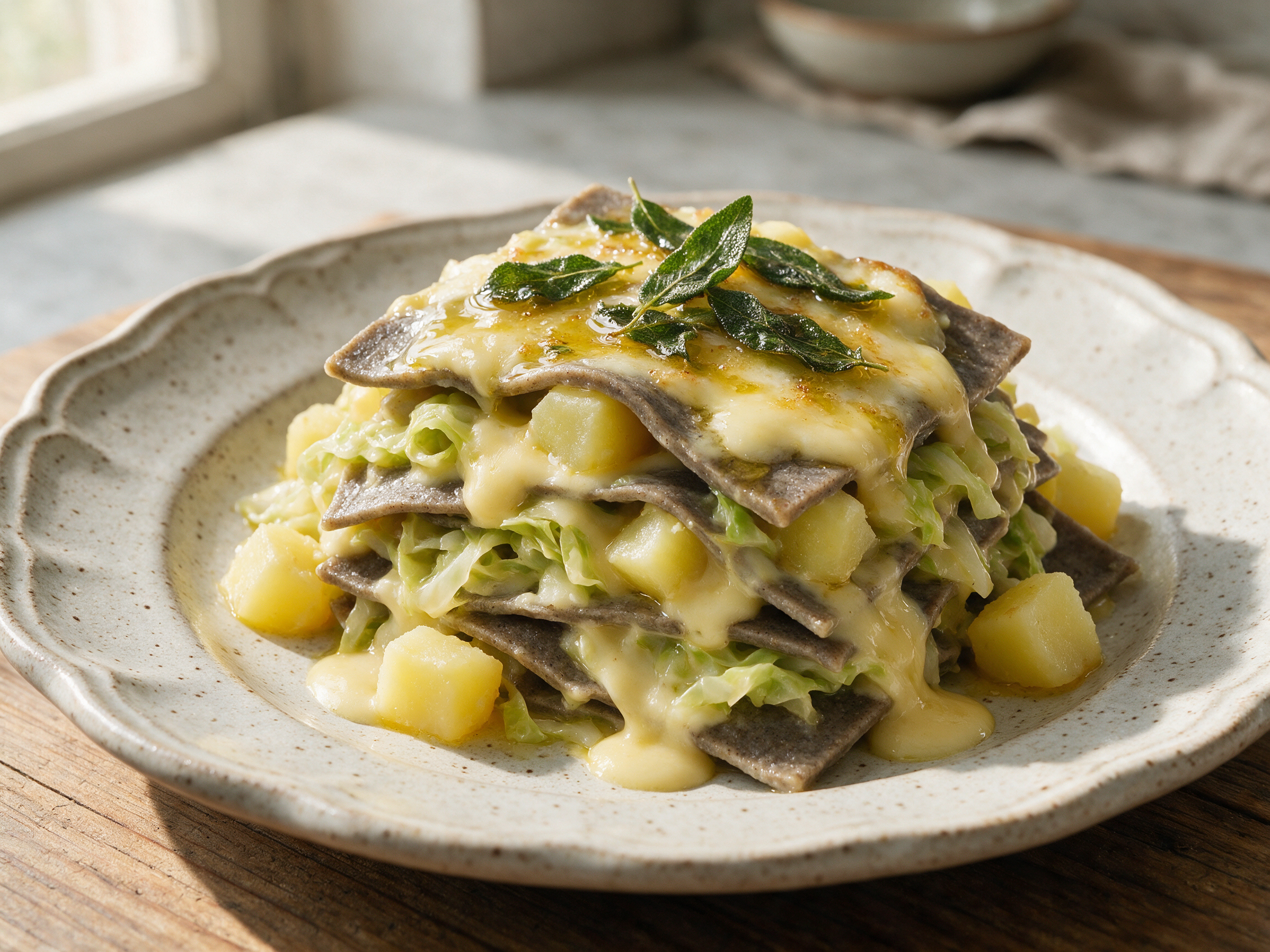 Overhead view of layered pizzoccheri pasta with melted Casera cheese, cabbage ribbons, and browned sage butter pooling on top
