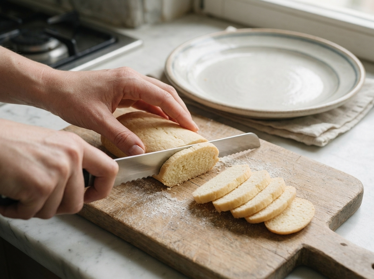 Hands slicing a cooled Venetian loaf into thin rounds with a serrated knife on a floured wooden board