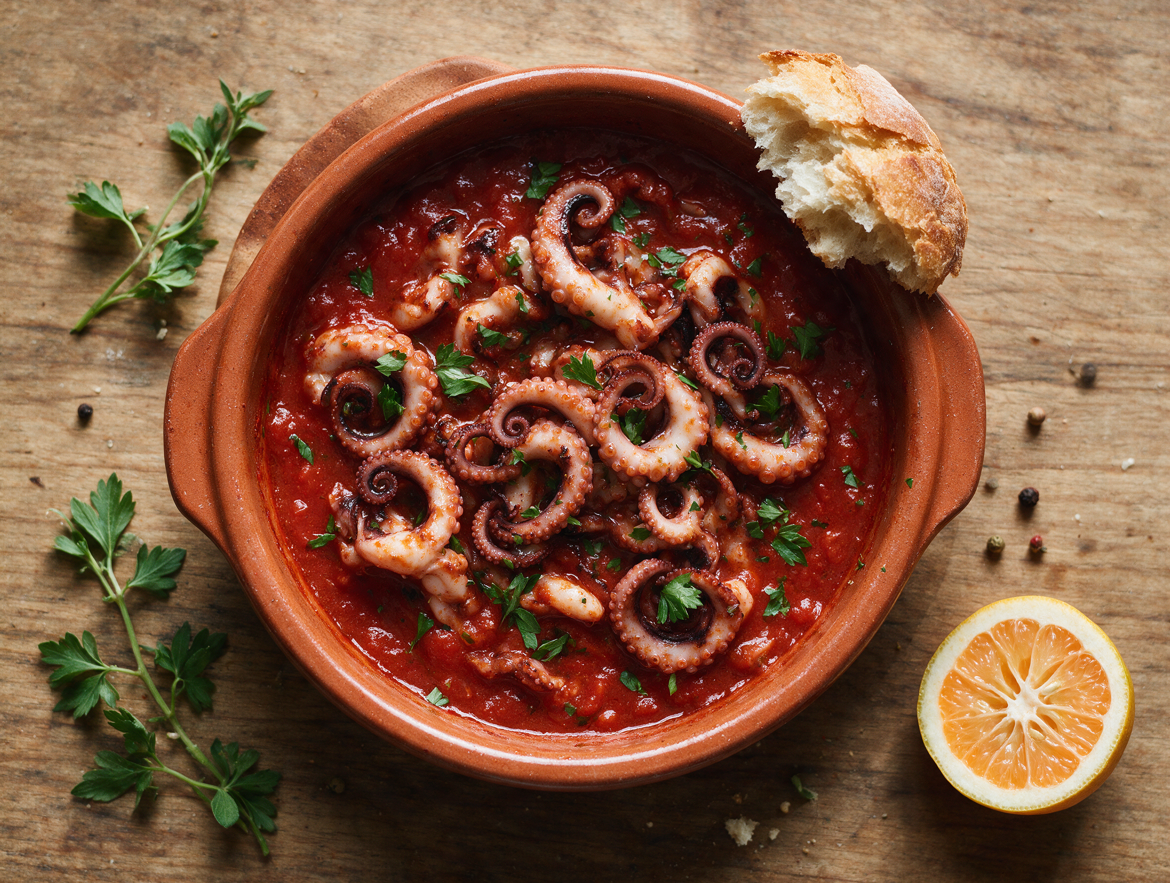 Overhead view of moscardini affogati in a terracotta dish, deep-red tomato sauce, parsley flecks, crusty bread alongside.
