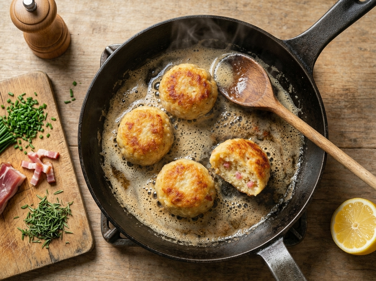 Speck and bread dumplings sizzling in a butter-filled skillet, crust turning golden brown during pan-frying.