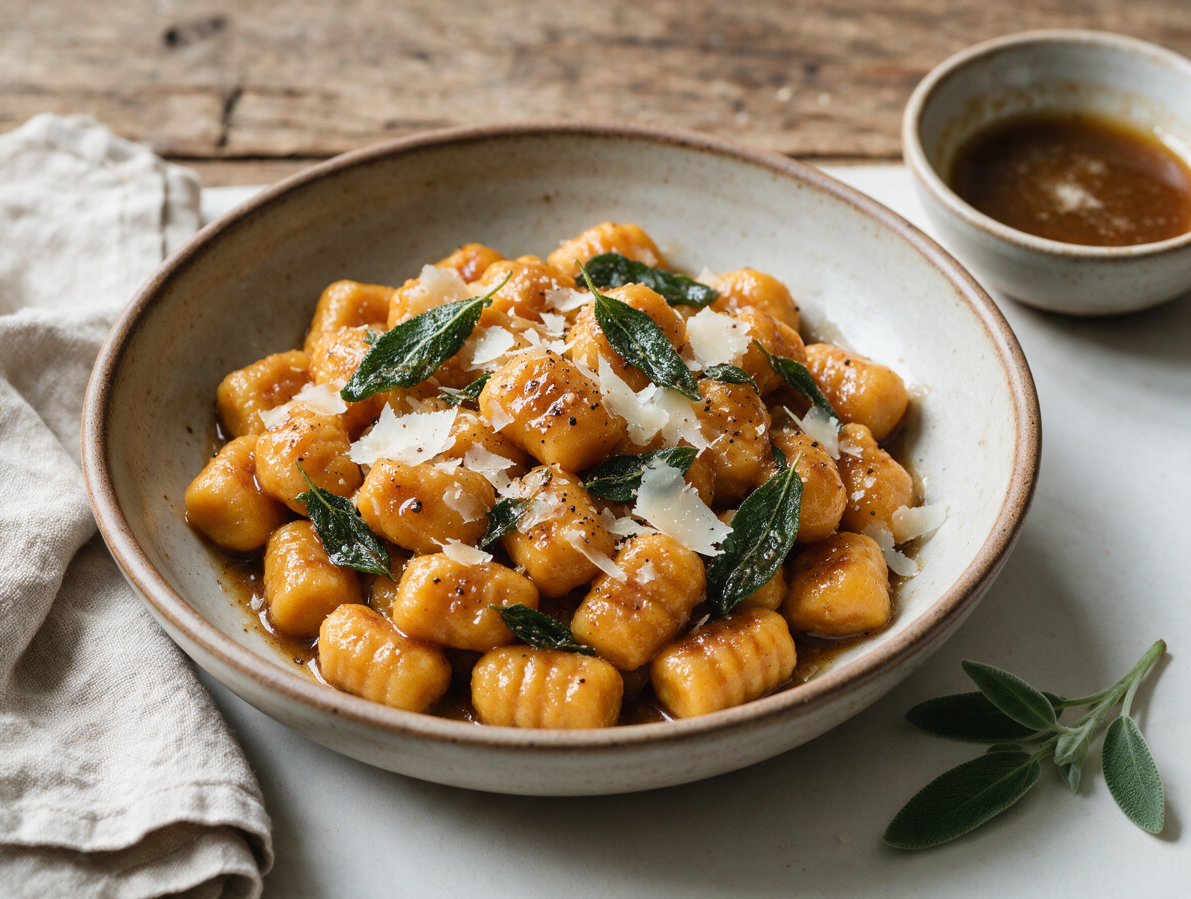 Overhead shot of pumpkin gnocchi coated in browned butter, crisp sage leaves and shaved parmesan on a rustic plate.