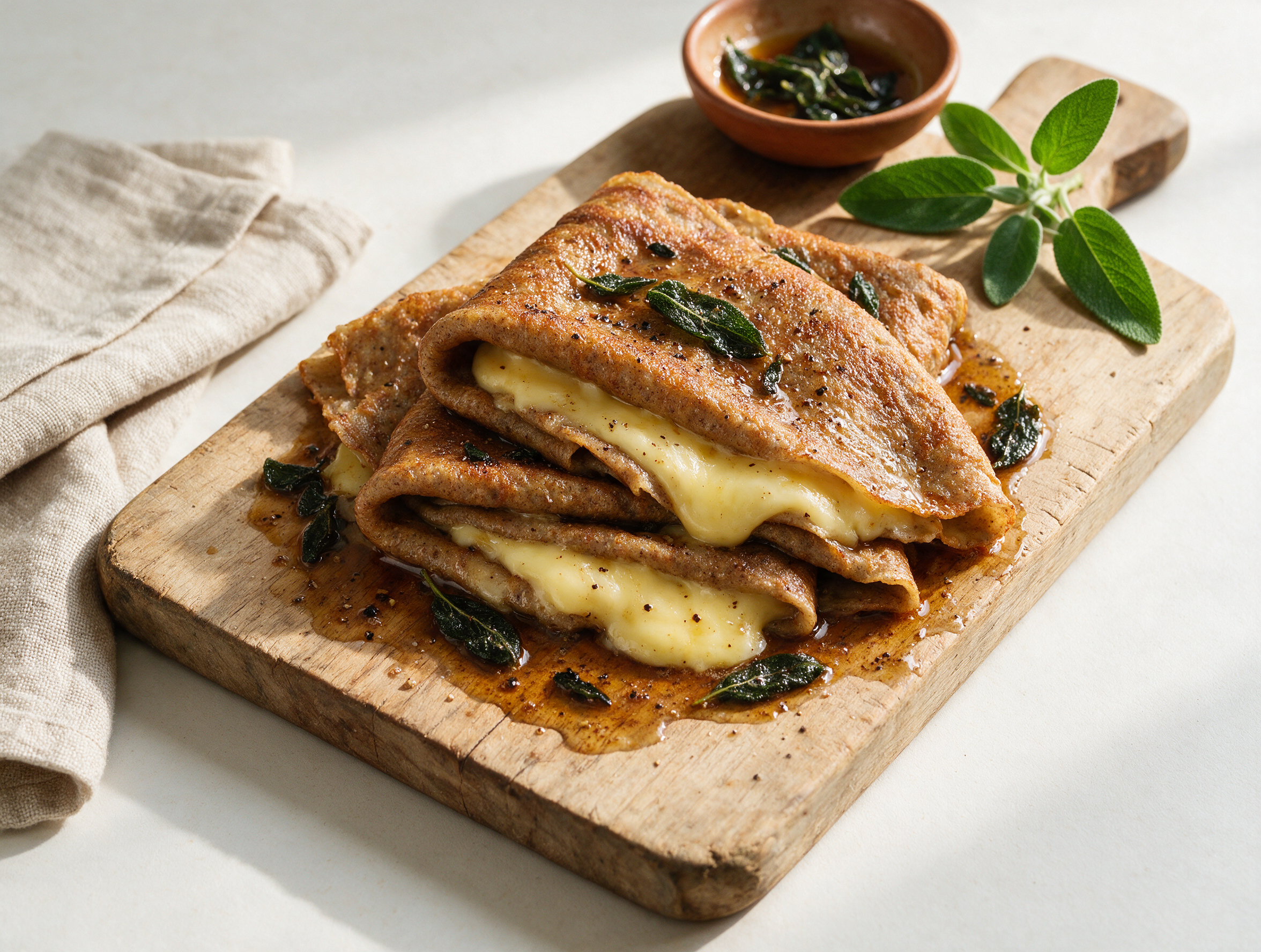Folded buckwheat manfrigole crepes with melted cheese and golden sage butter on a rustic wooden board