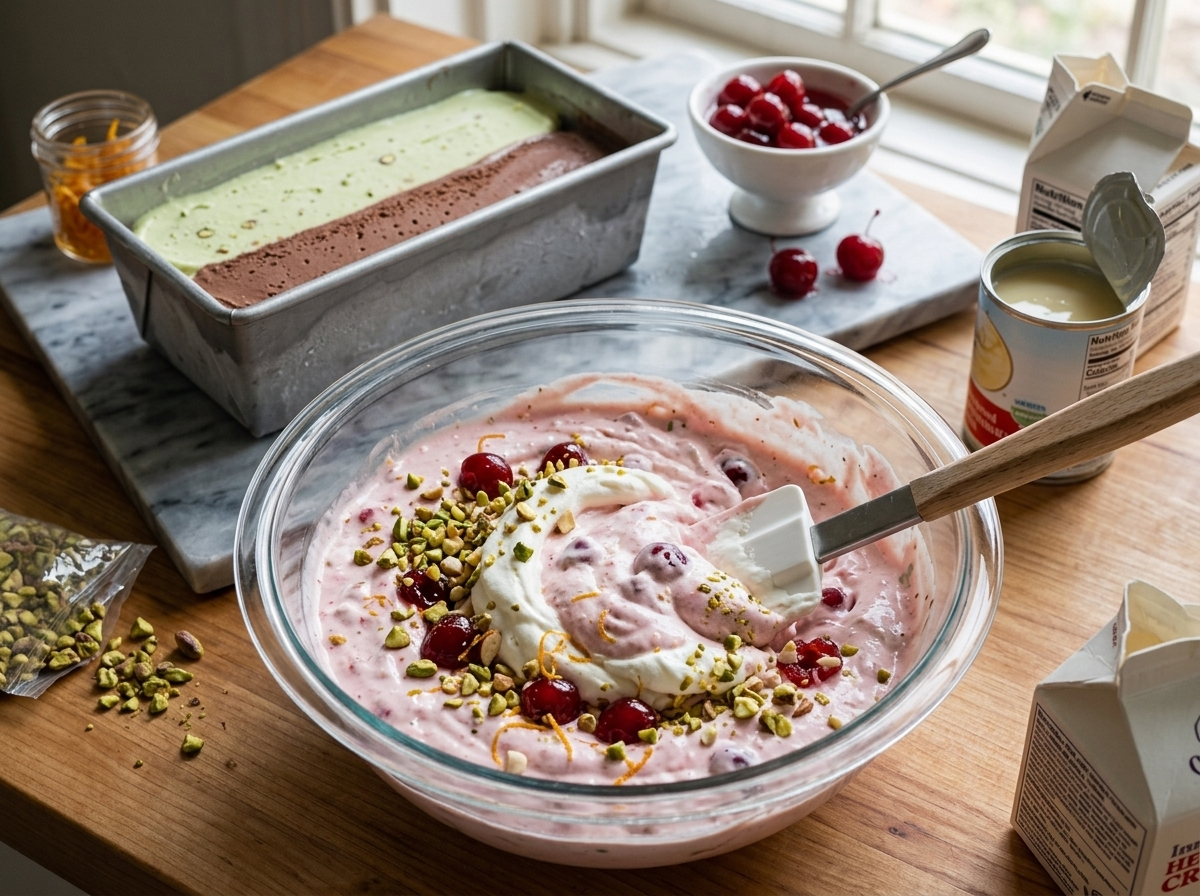 Hand folding whipped cream and condensed milk into the pink cherry layer studded with candied orange peel in a glass bowl.