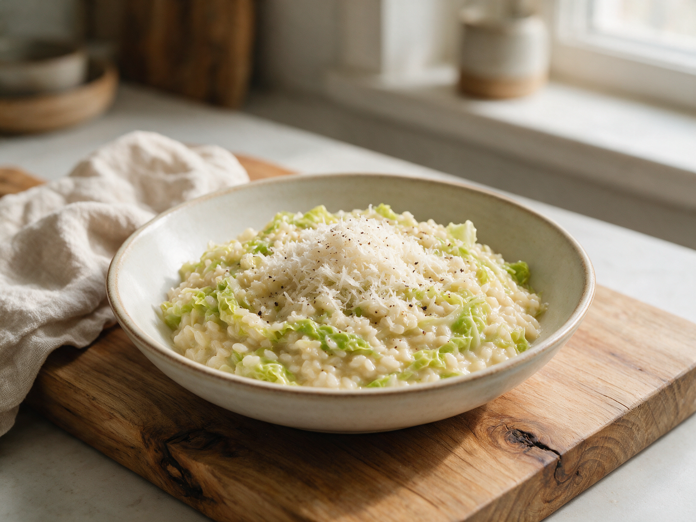 Close-up of creamy cabbage risotto in a shallow bowl, finished with grated Parmesan and cracked pepper on a linen napkin