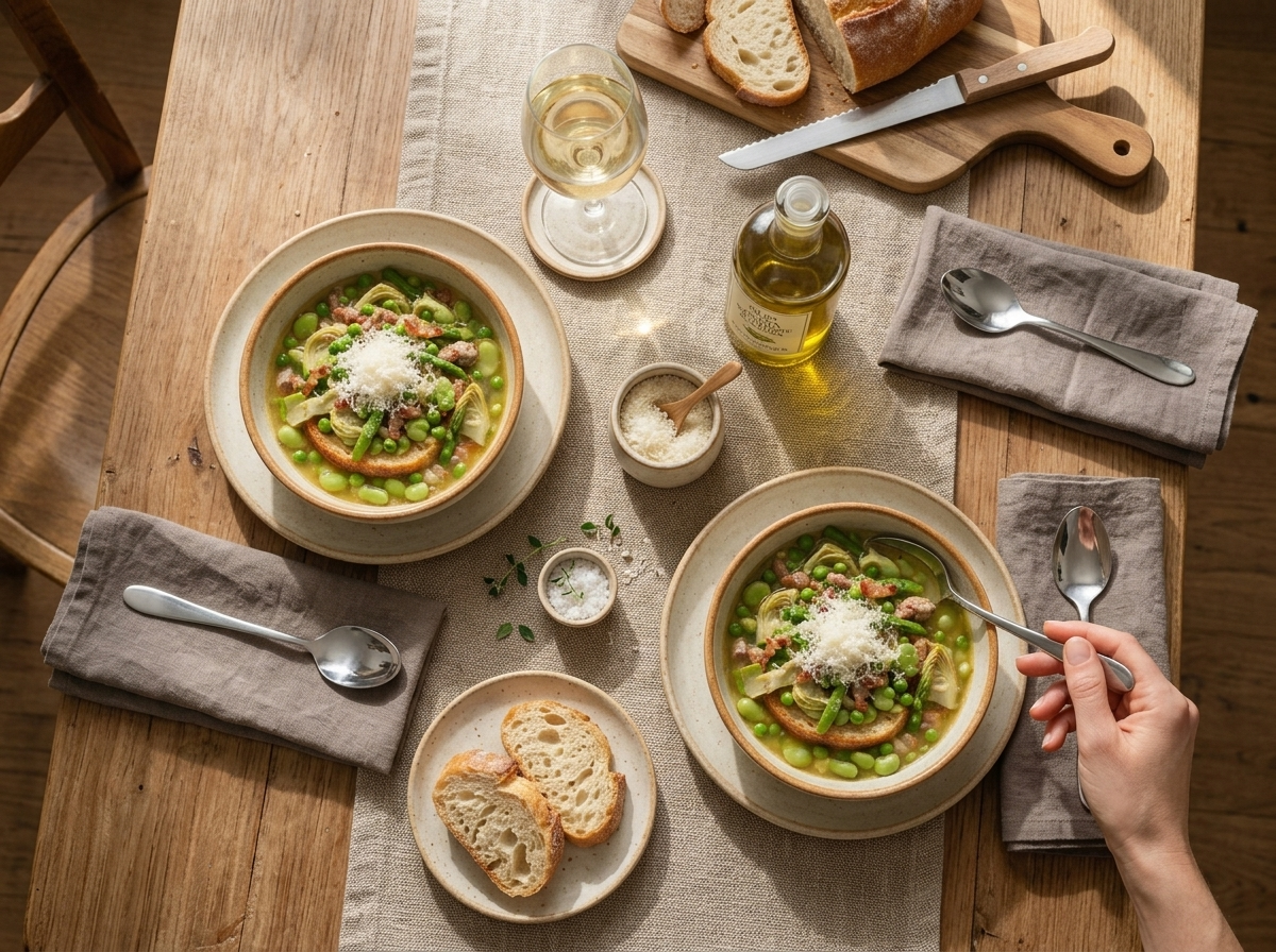 Two bowls of garmugia lucchese on a linen-topped table with wine glasses, crusty bread, and a small dish of olive oil nearby.