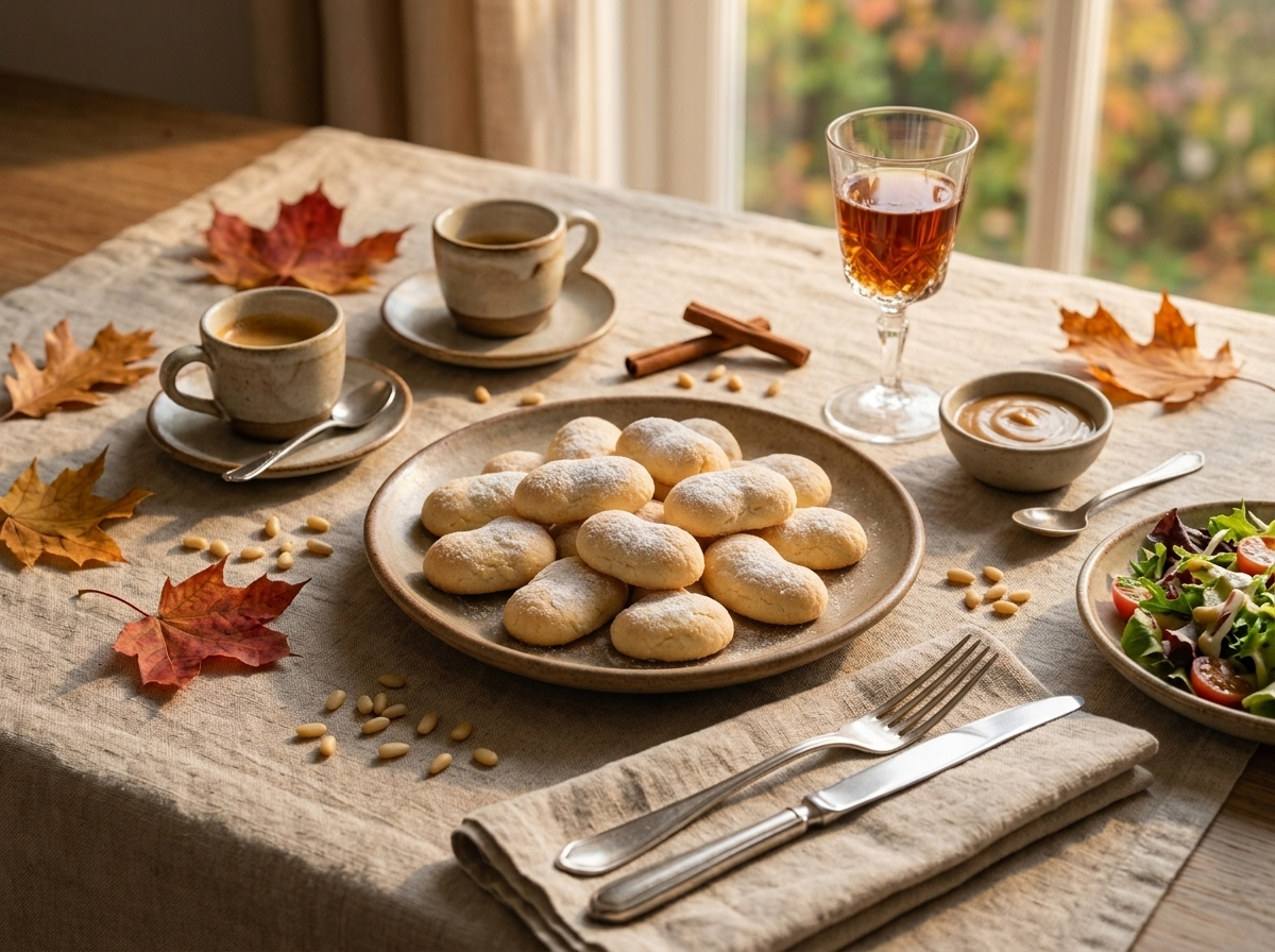 A linen-covered table with a stack of fave dei morti cookies beside espresso cups and a small glass of Marsala.