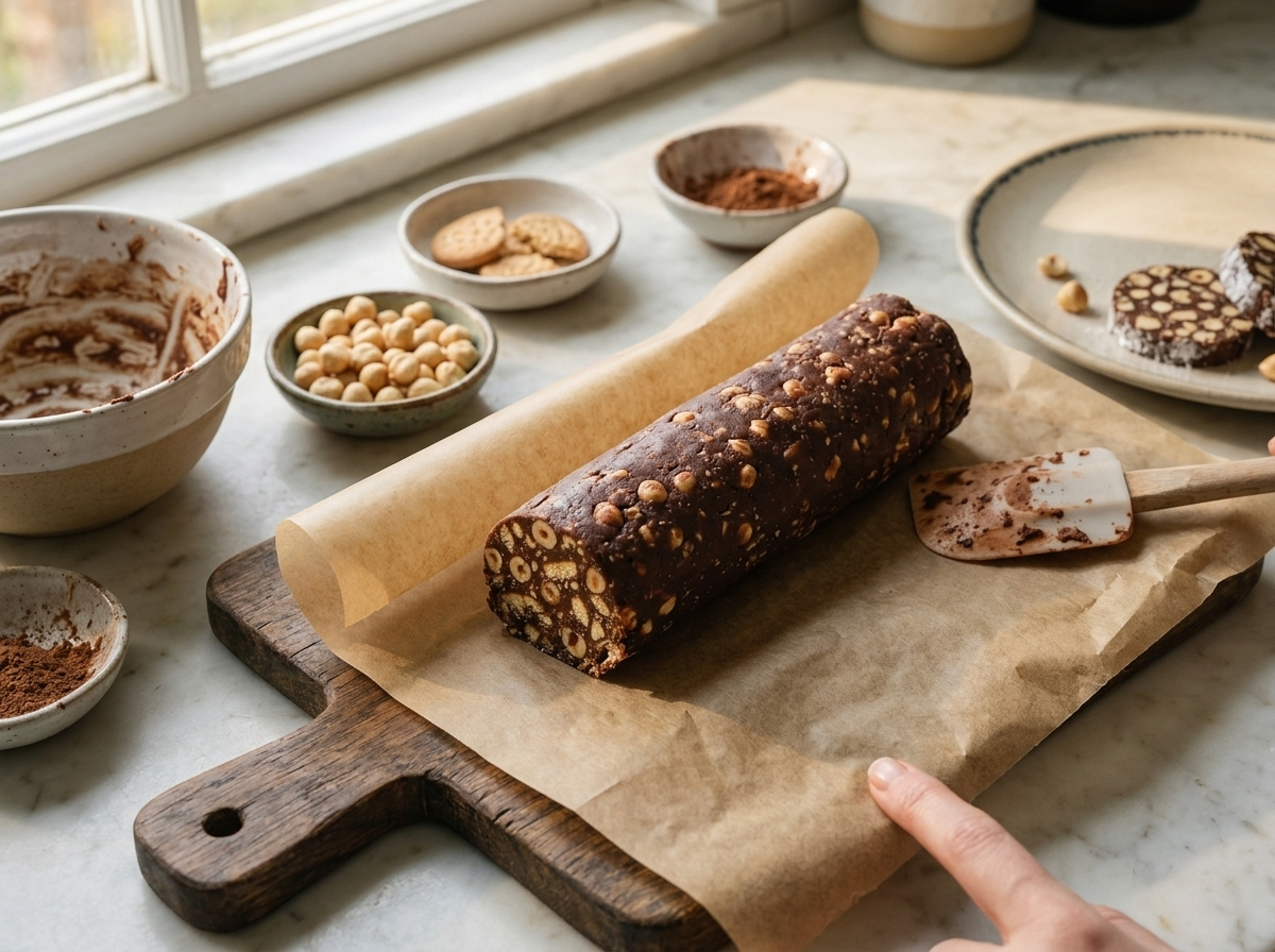 Hands rolling chocolate biscuit dough into a log inside parchment paper on a marble counter, glossy chocolate paste visible.