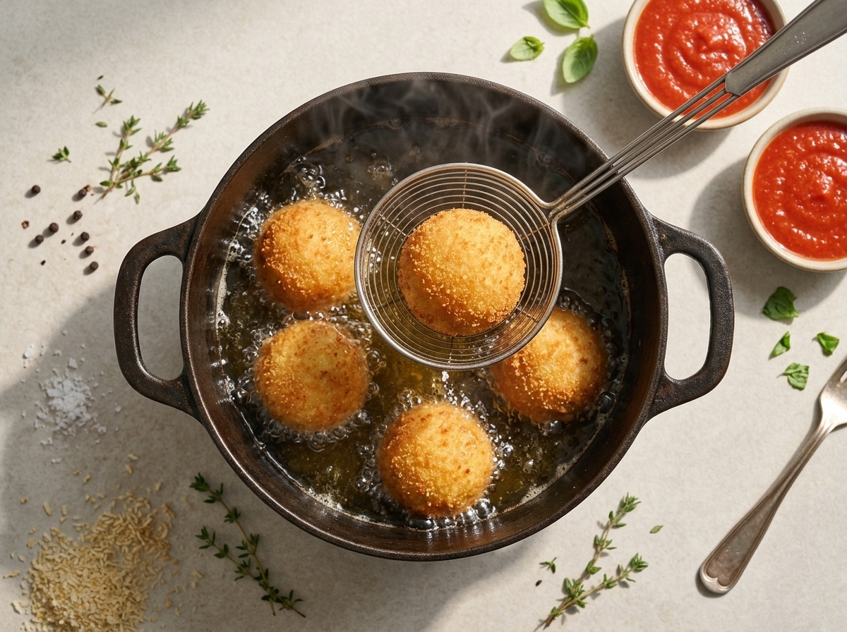 Four breaded rice croquettes frying and bubbling in a pot of hot oil, crust turning deep golden brown