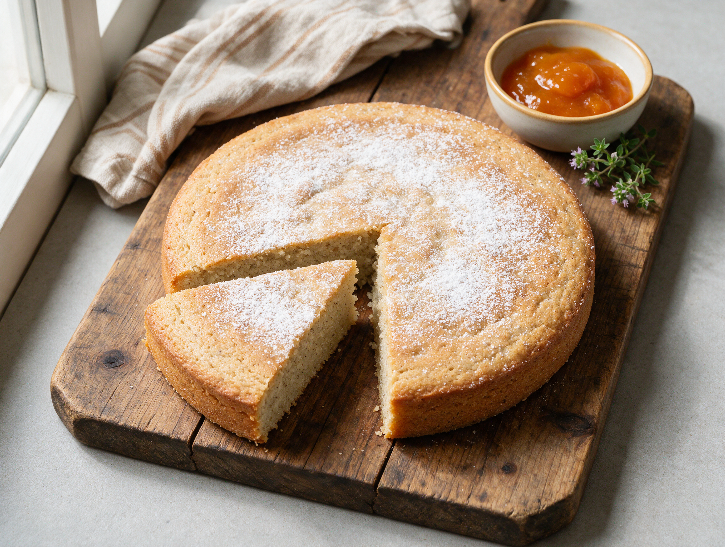 Torta Fioretto della Valchiavenna sliced on a wooden board, showing a speckled buckwheat crumb dusted with powdered sugar.