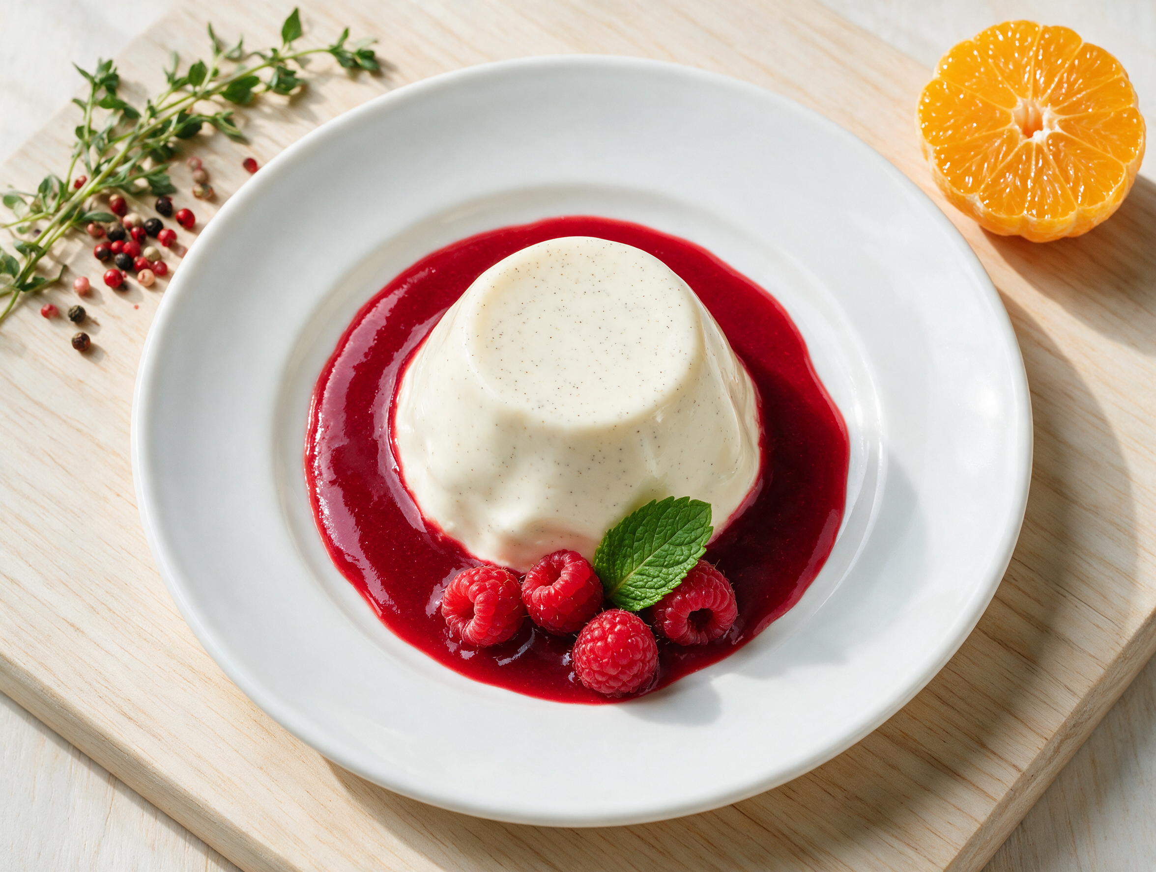 Unmolded vanilla panna cotta on a white plate with visible vanilla bean flecks and glossy raspberry coulis drizzle