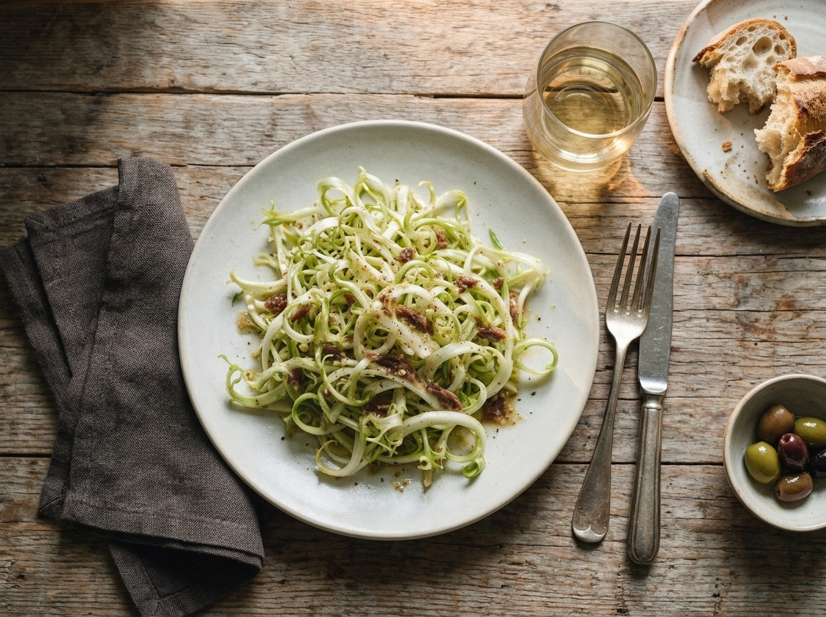 Rustic table set with a bowl of dressed puntarelle salad, torn bread, and a glass of white wine in soft afternoon light.