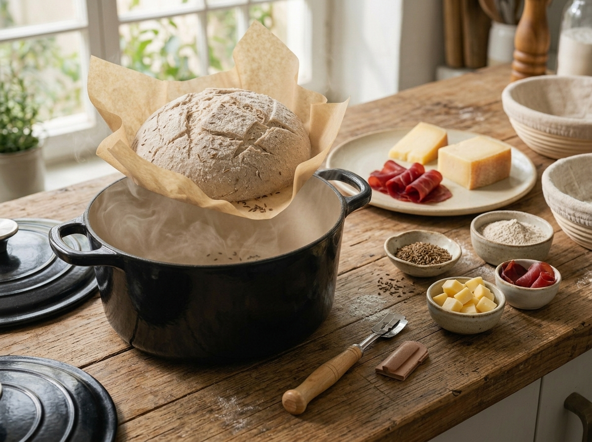 Scored rye sourdough loaf being lowered by a parchment sling into a hot, steaming Dutch oven dusted with flour.