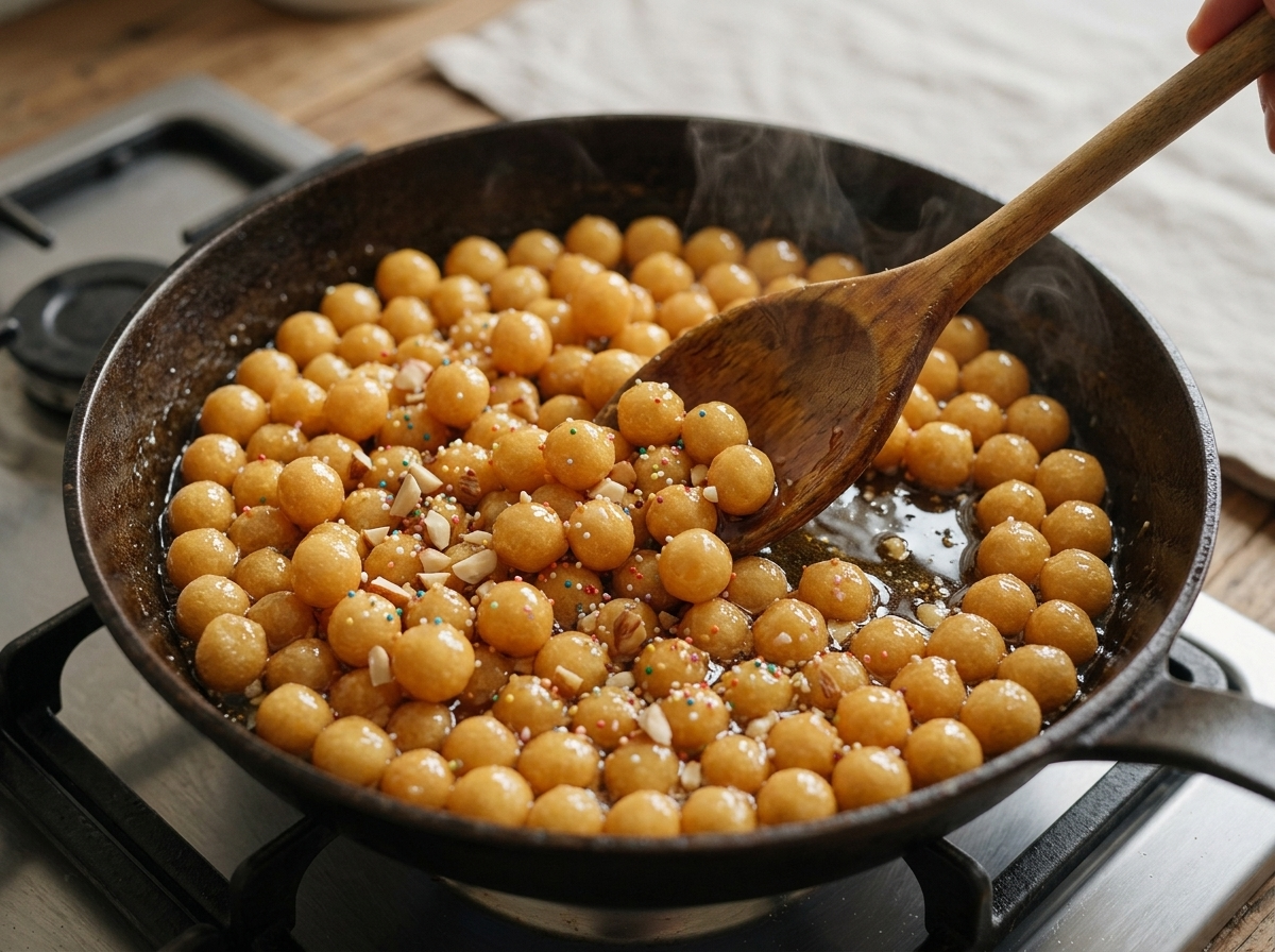 Small fried dough balls being tossed in a skillet of warm honey with a wooden spoon, steam rising from the pan.