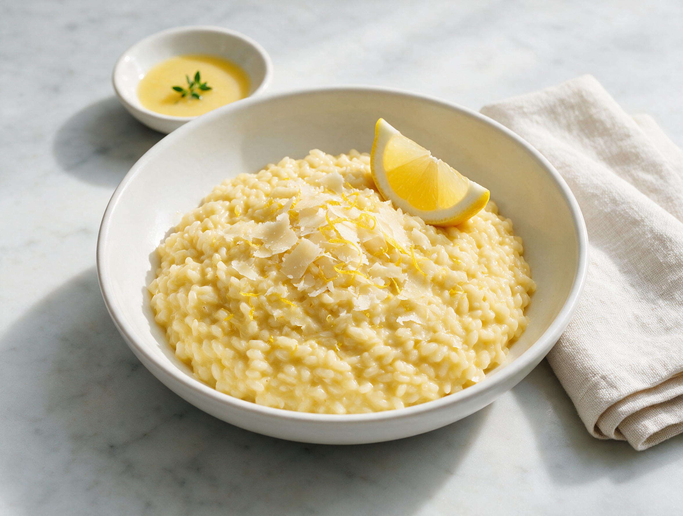 Overhead view of glossy risotto al limone in a shallow bowl, topped with parmesan shavings and curled lemon zest.