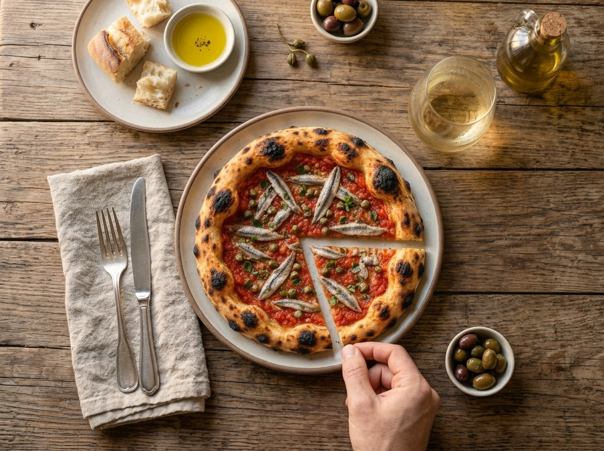 Two slices of anchovy and caper pizza lifted from a pan on a rustic table with a glass of white wine and linen napkin.