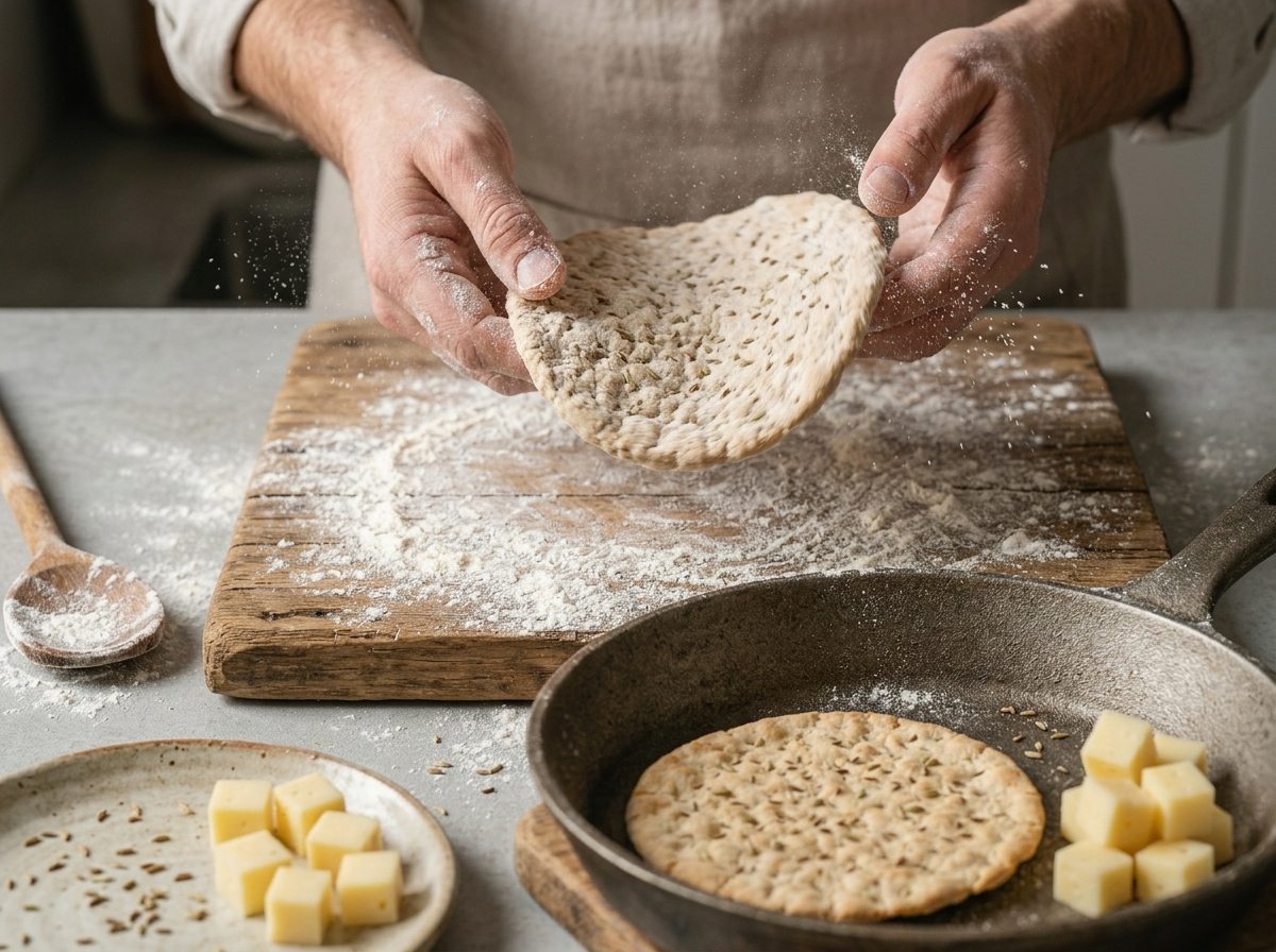 Floured hands shaking a round of sticky rye dough over a wooden board to stretch it into a thin circle.