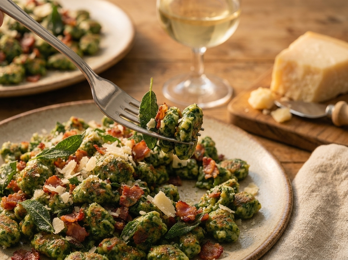 A wooden table set with a plate of spinach spätzle, a glass of white wine, and a folded linen napkin