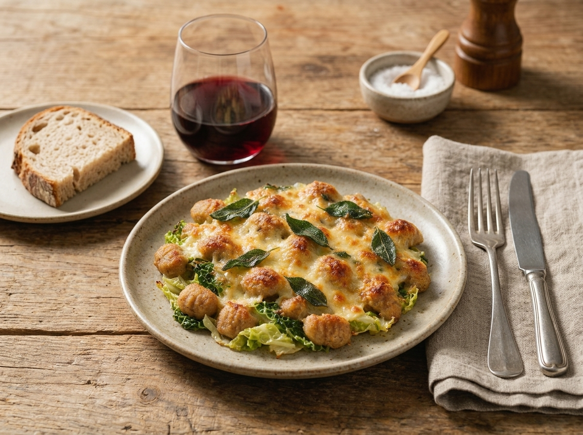 Wooden table scene with a plated portion of gnocchetti della Valchiavenna, a glass of red wine and a linen napkin nearby