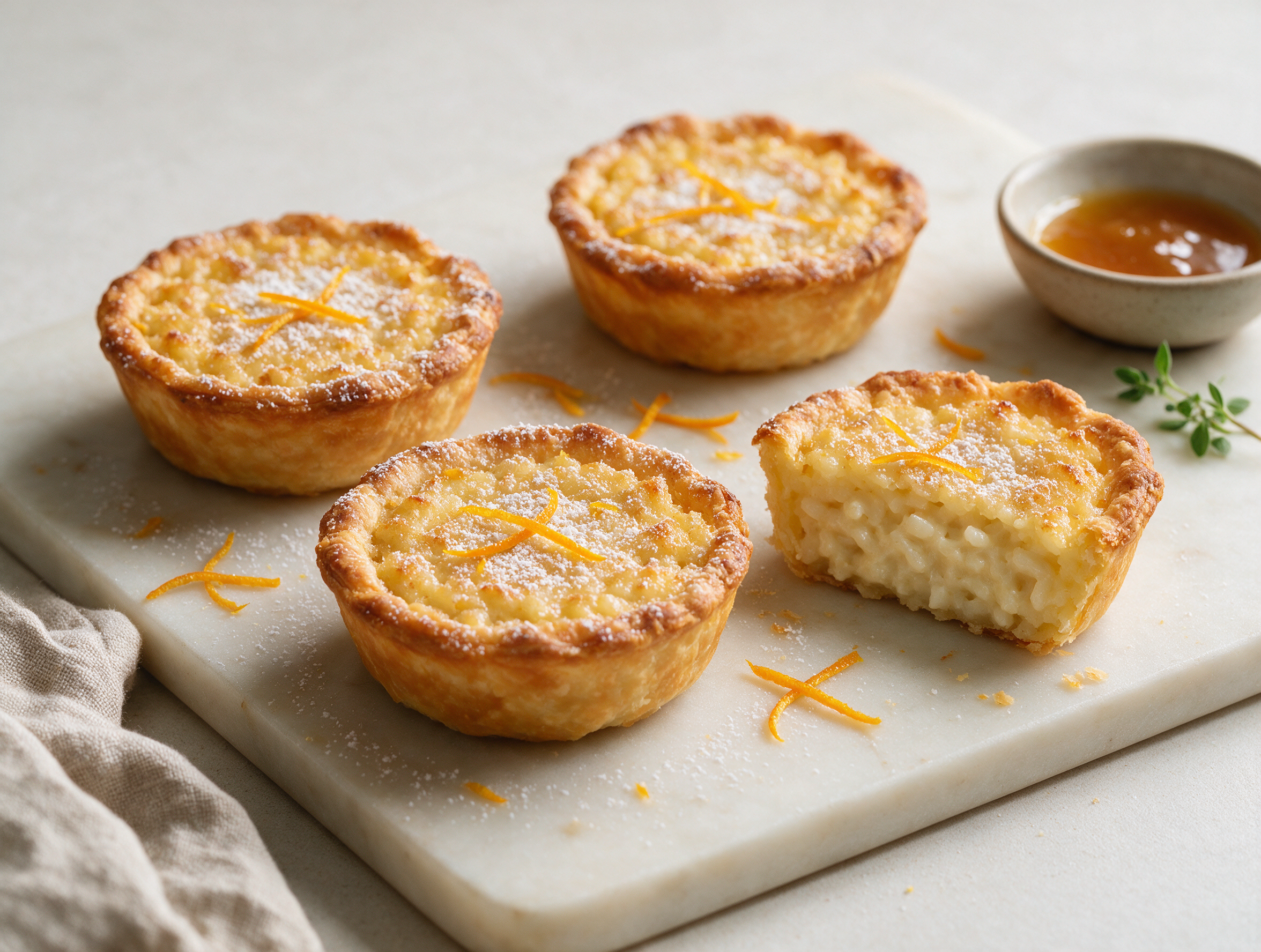 Golden Tuscan rice tartlets dusted with powdered sugar, arranged on a marble board with orange zest scattered nearby
