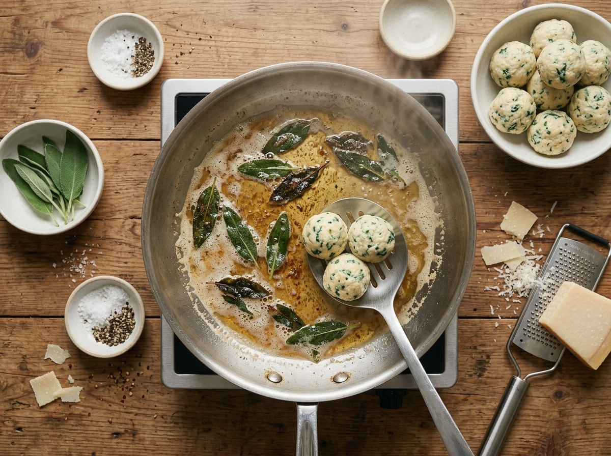 Hands shaping ricotta spinach filling into round dumplings on a flour-dusted wooden board before poaching.